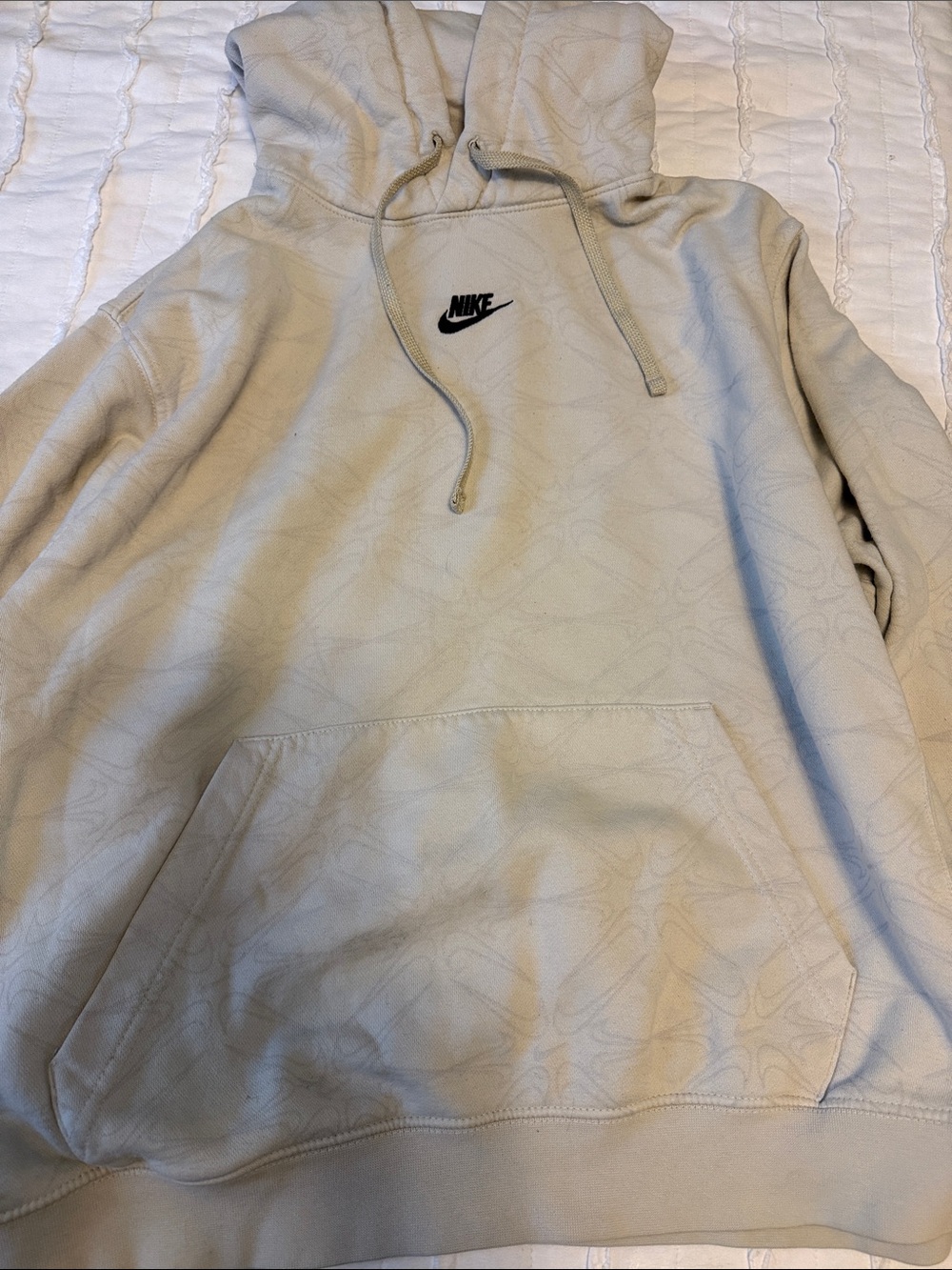 Nike Men's Light Beige Crewneck Hoodie with Embroidered Logo